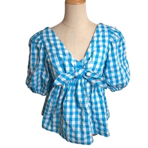 Lilly Pulitzer Blue And White Cottage PREPPY Gingham Peplum Bow Top NWT